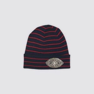 Sandro Navy and Red Striped Beanie with Eye Detail